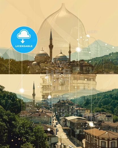 Ferizaj Uroševac Cityscape Skyline Double Exposure Art - A collage of buildings and trees