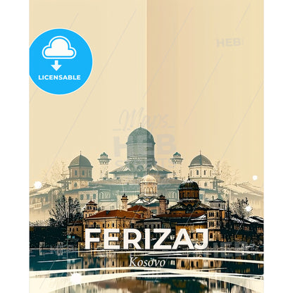 Ferizaj / Uroševac Skyline Architectural Icons Art Poster - A city with a building in the background - Square format print template