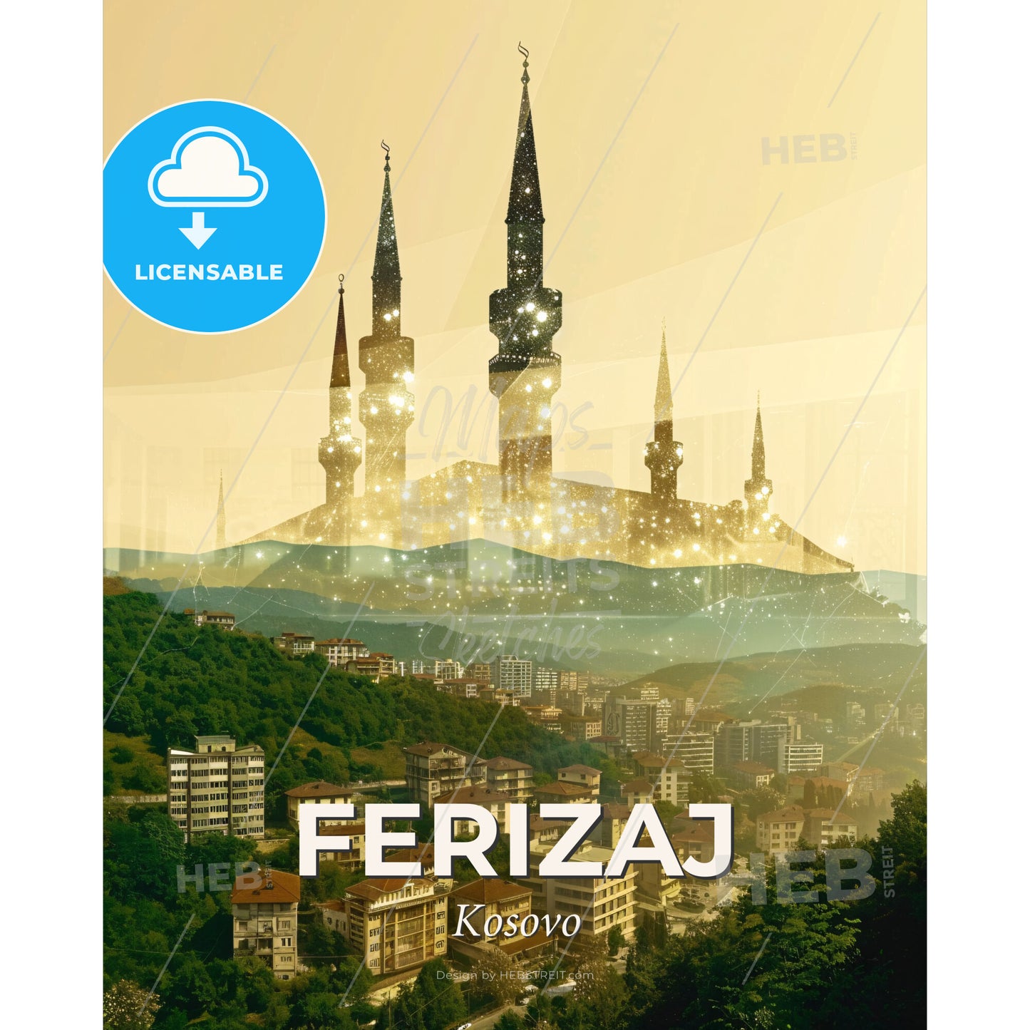 Ferizaj Uroševac City Lights Panorama Wall Art - A city with towers and buildings - Square format print template