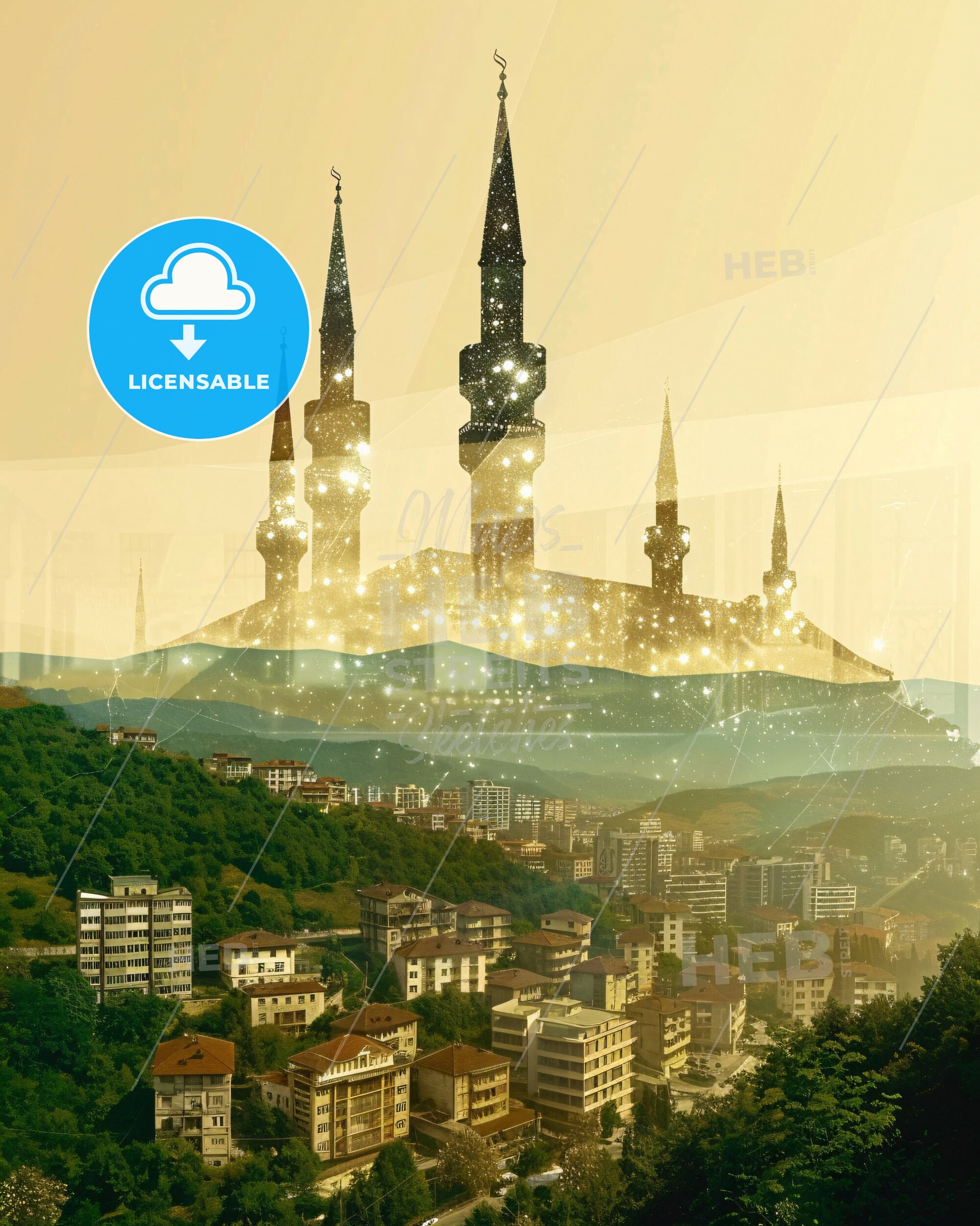 Ferizaj Uroševac City Lights Panorama Wall Art - A city with towers and buildings