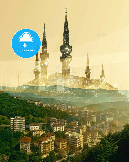 Ferizaj Uroševac City Lights Panorama Wall Art - A city with towers and buildings