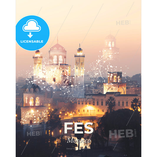 Fes, Morocco: Double Exposure City Skyline Art - A city with many lights - Square format print template