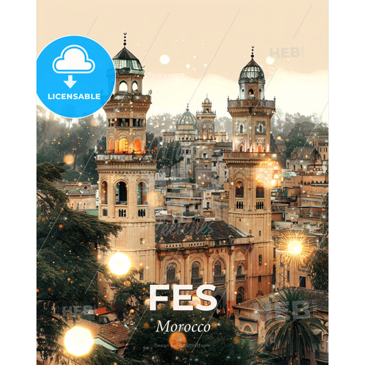 Fes Skyline Double Exposure Cityscape Art - A large building with towers and trees - Square format print template
