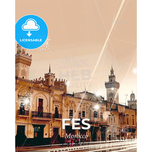 Fes, Morocco: City of Sparkling Icons - A building with towers and fireworks - Square format print template