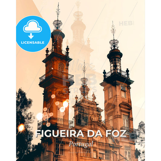Figueira da Foz Skyline Art Poster: Beige, Bright & Beautiful - A building with towers and a clock - Square format print template