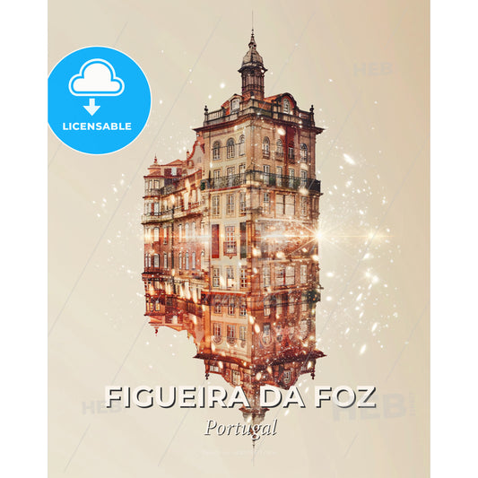 Figueira da Foz: Cityscape Double Exposure Art - A building with a reflection of a star - Square format print template