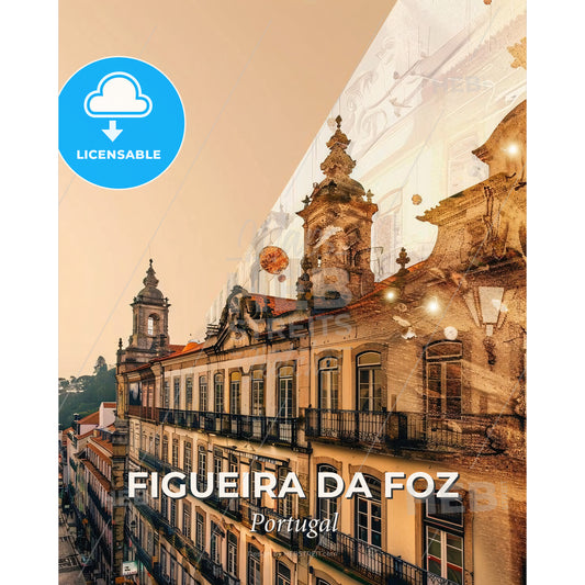 Figueira da Foz Skyline Art: Explore The Portuguese Charm - A building with a tower and a clock tower - Square format print template