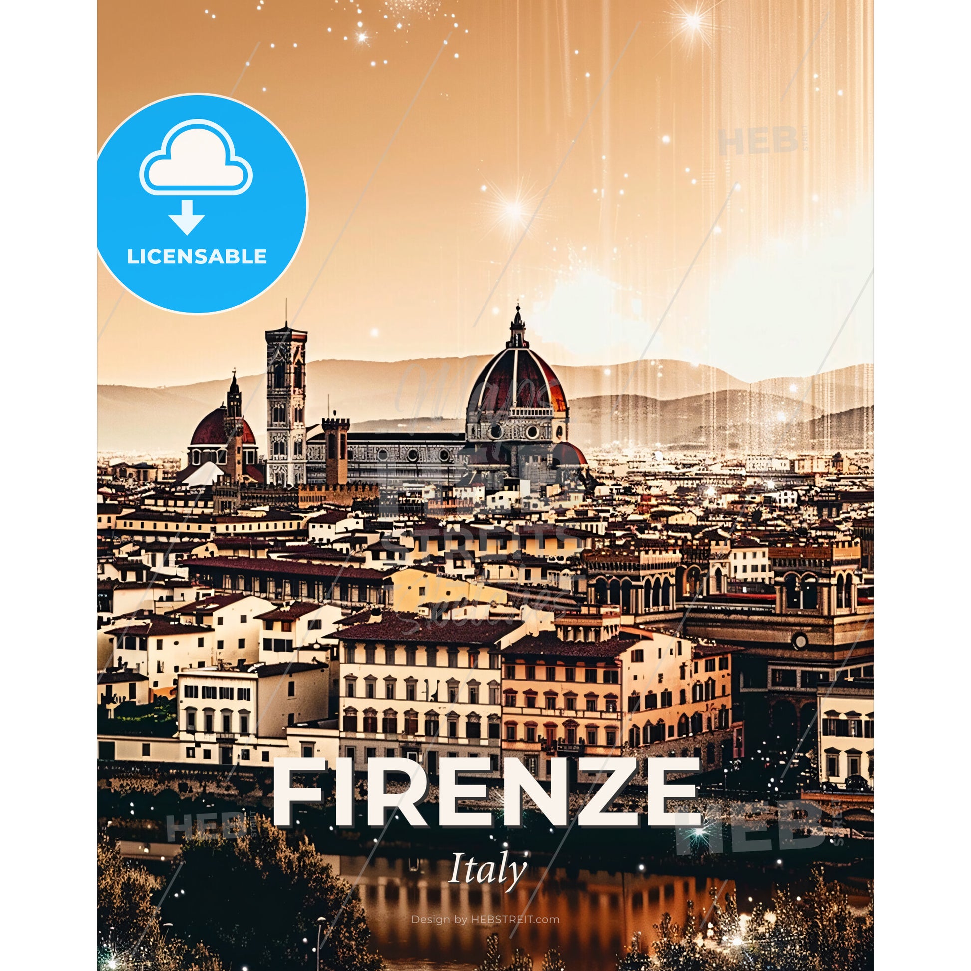 Florence: Art Deco Architecture in Double Exposure - A city with many buildings and a river - Square format print template