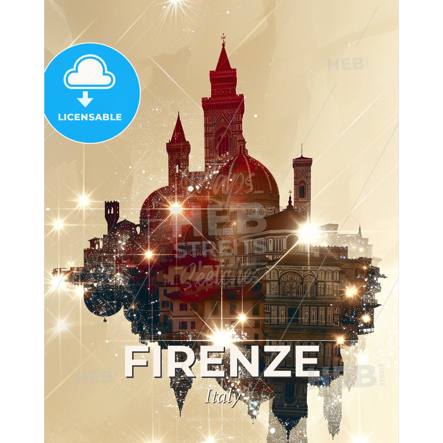 Florence City Icons Skyline Art Deco Poster - A city with a tower and a dome - Square format print template
