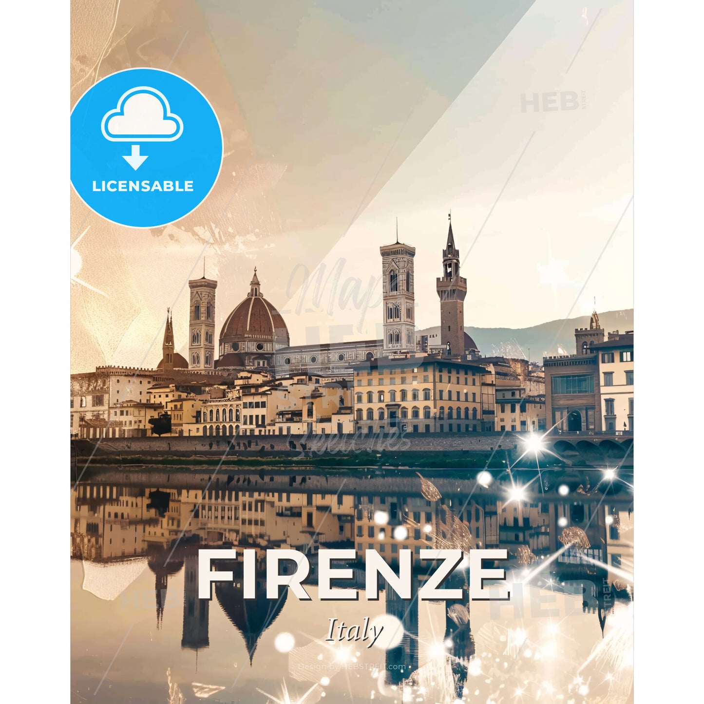 Florence City Dreamscape Art Poster - A city next to a body of water - Square format print template