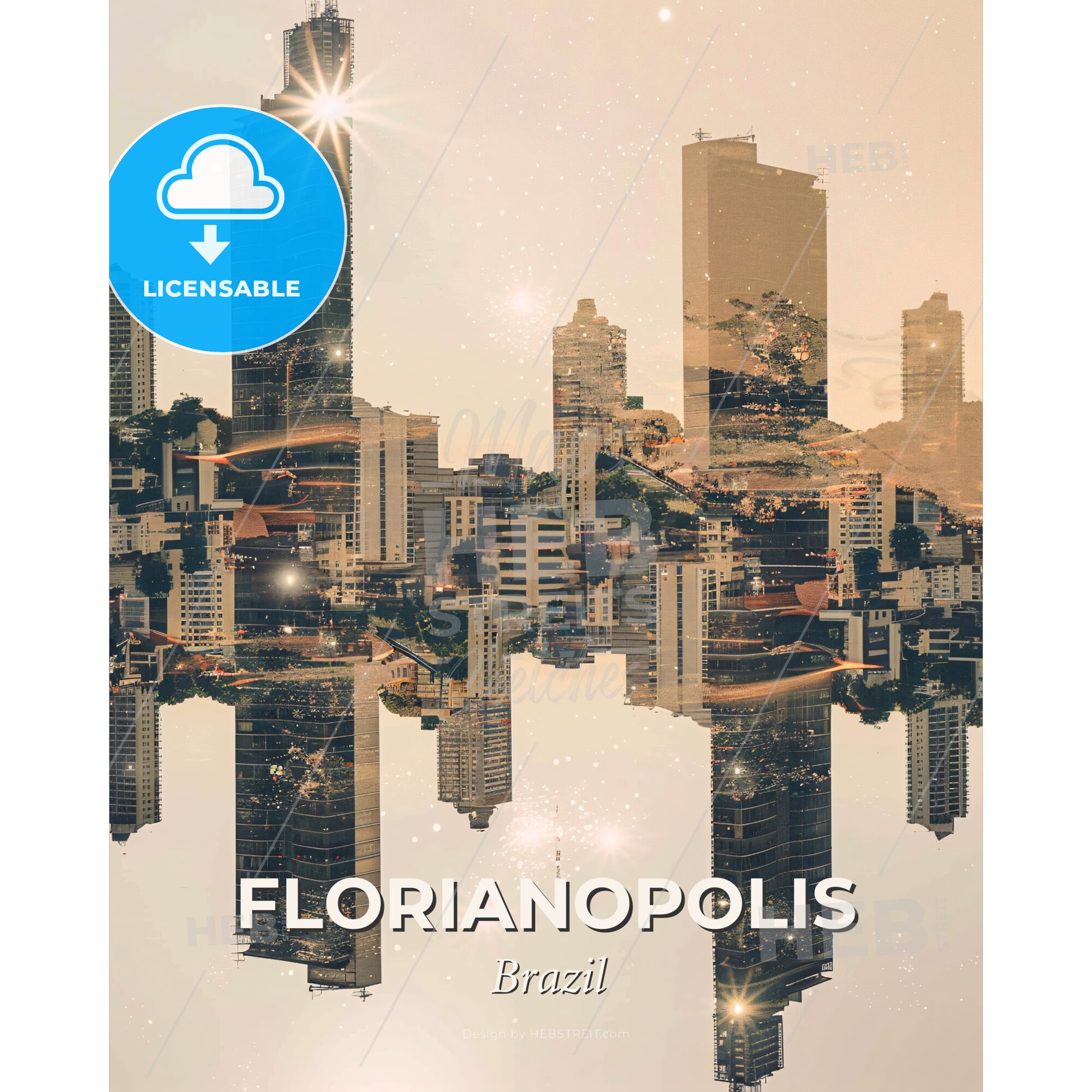 Florianopolis City Skyline Poster, Brazil - A city skyline with many tall buildings reflected in water - Square format print template