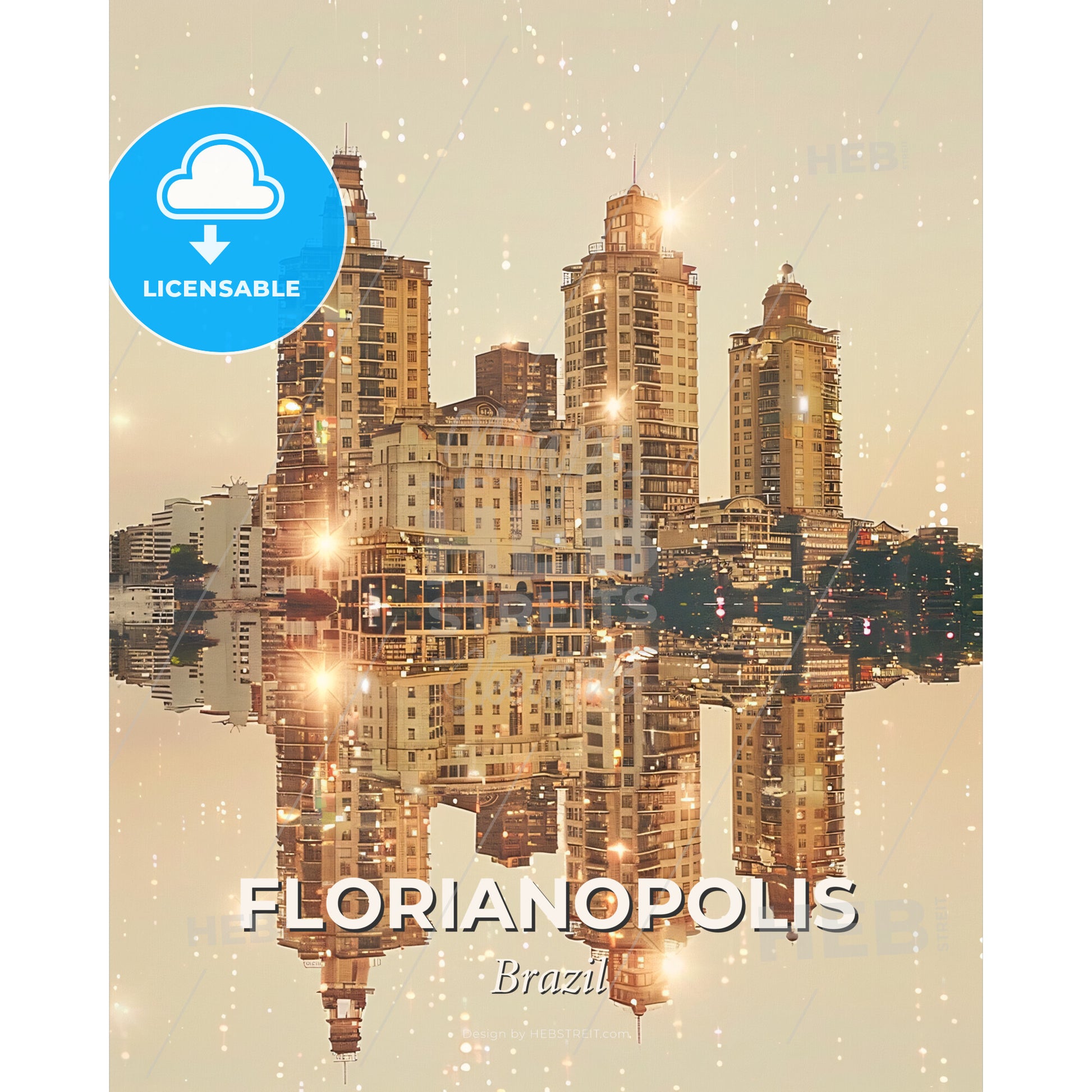 Florianopolis Skyline Double Exposure Art Poster - A city with many buildings reflected in water - Square format print template