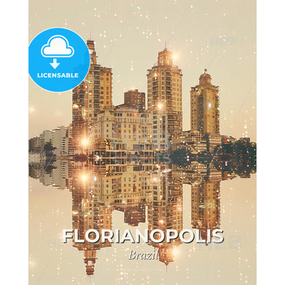 Florianopolis Skyline Double Exposure Art Poster - A city with many buildings reflected in water - Square format print template