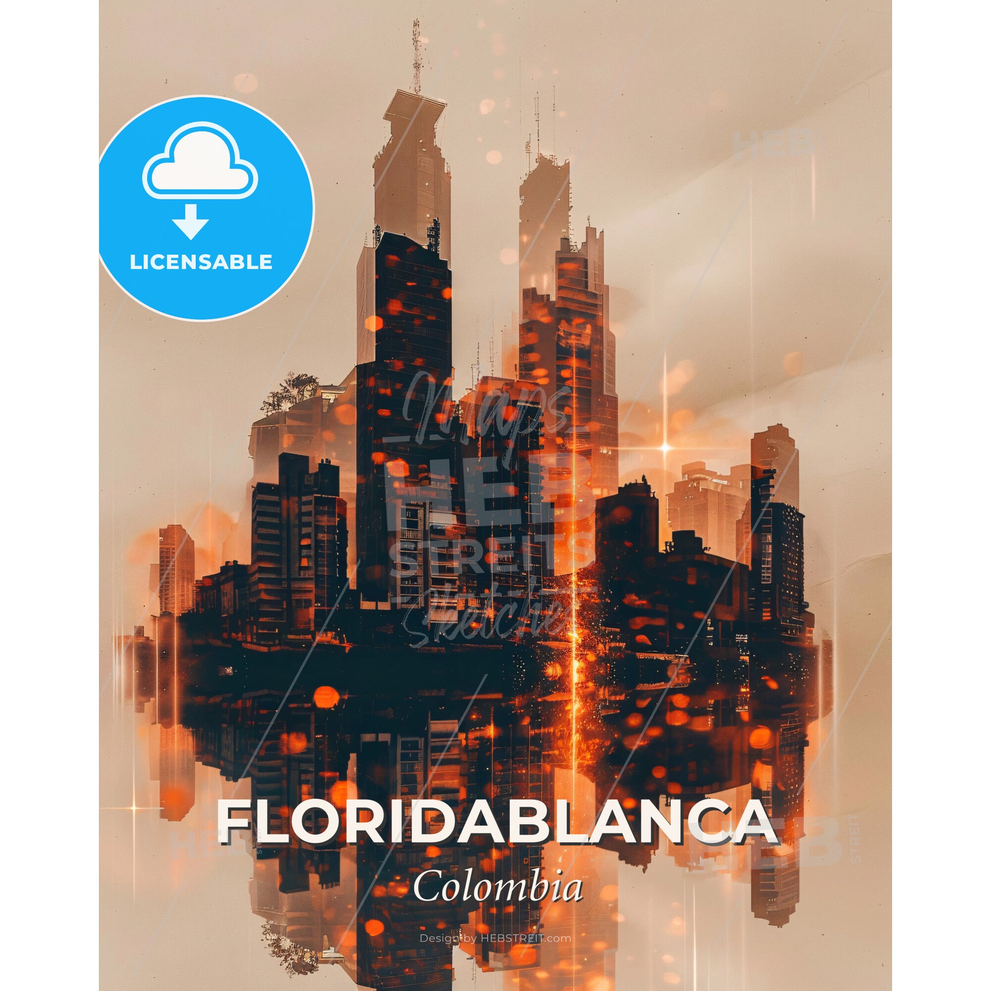 Floridablanca Skyline Double Exposure Art Print - A city with orange lights - Square format print template