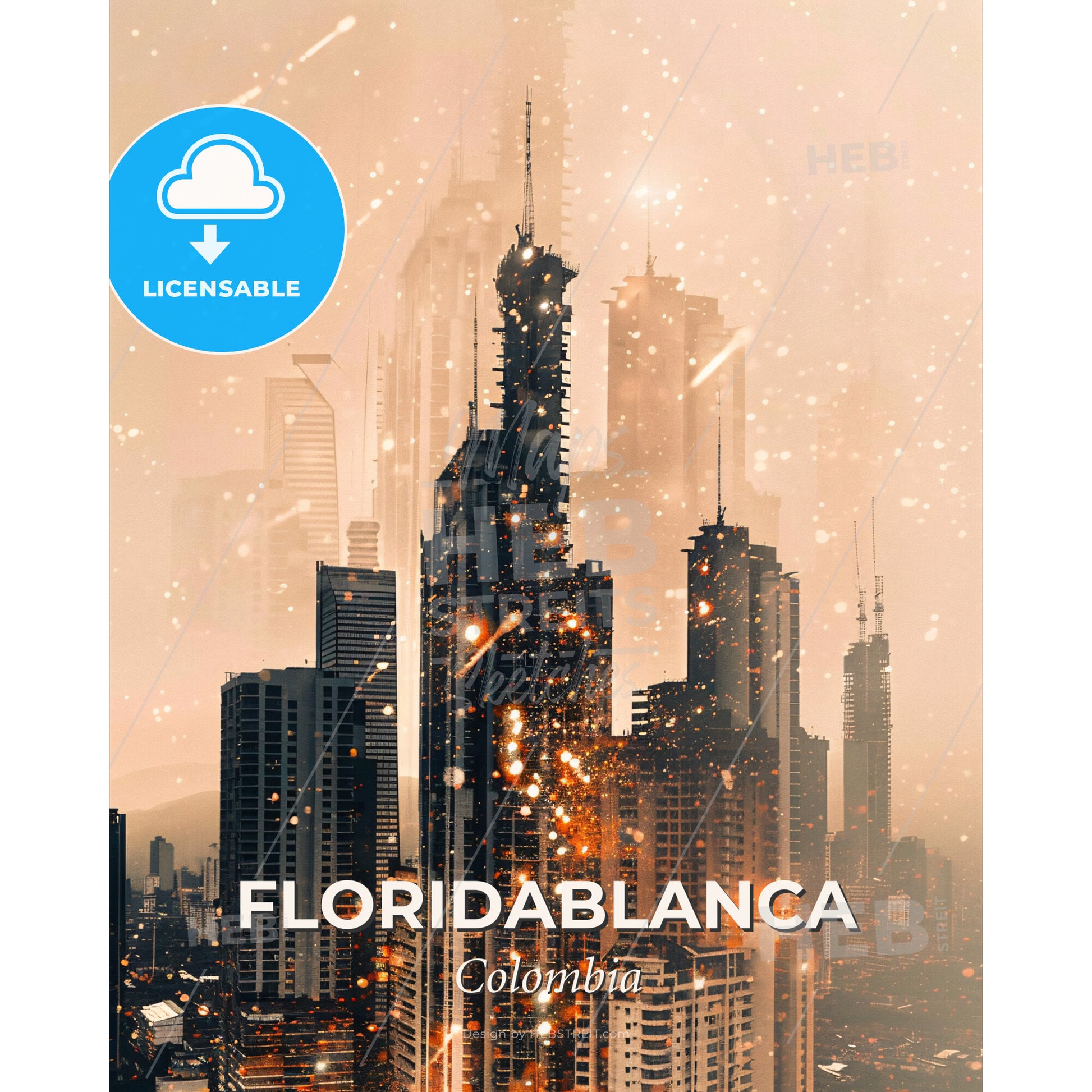 Floridablanca City Skyline Colombia Double Exposure Art - A city skyline with snow falling - Square format print template