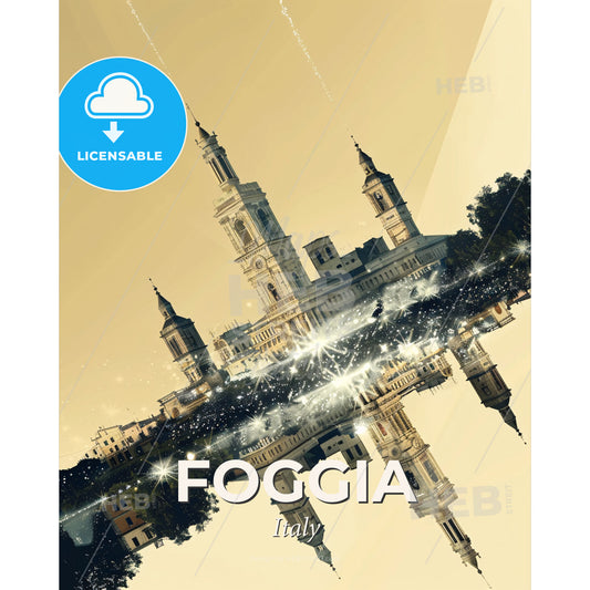 Foggia: City Lights in Double Exposure - A building with towers and a reflection of a city - Square format print template