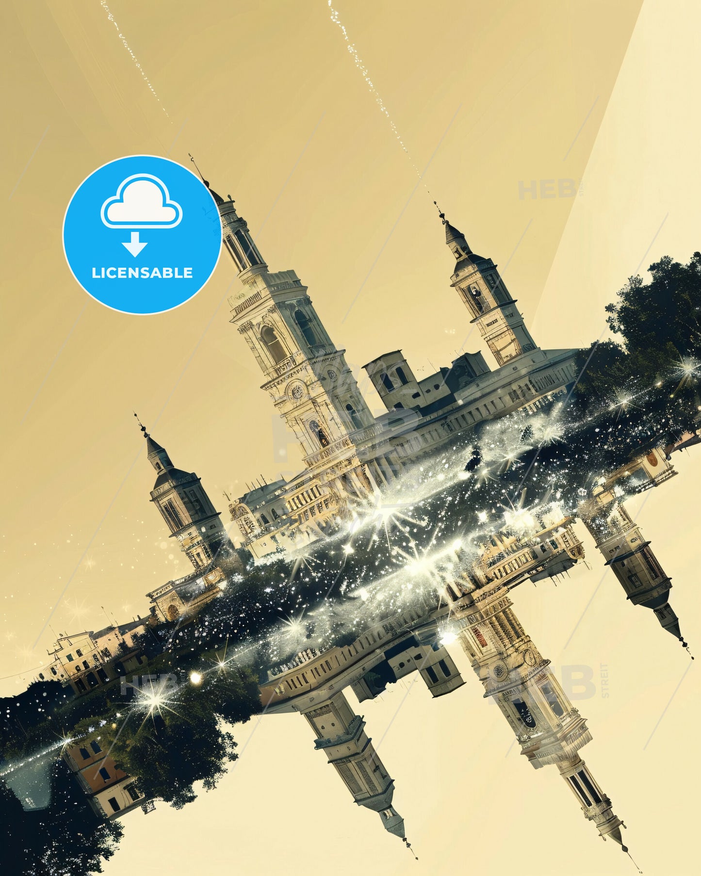 Foggia: City Lights in Double Exposure - A building with towers and a reflection of a city