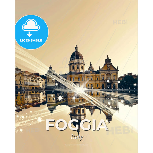 Foggia Skyline Double Exposure Composite Art Poster - A building with a fountain in the water - Square format print template