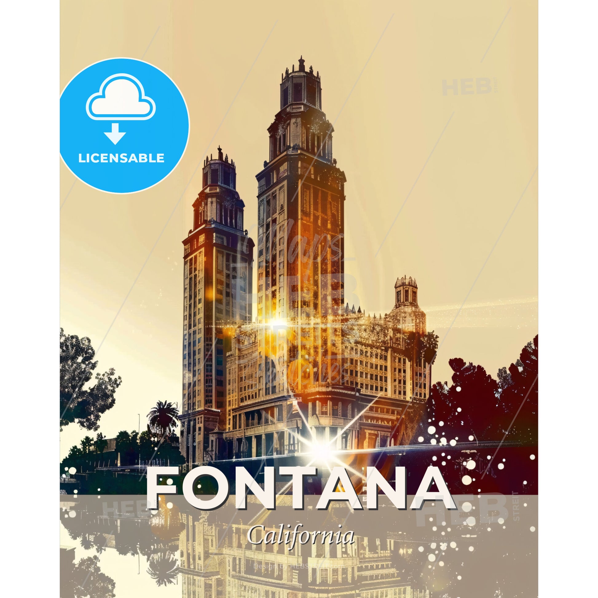 Fontana Skyline - Dual Exposure Art - A large building with towers and trees - Square format print template