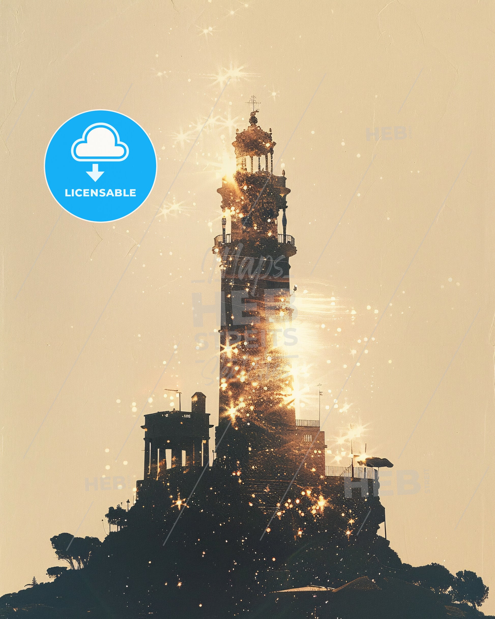 Formentera Double Exposure Skyline Poster - A tall tower with a light shining on it