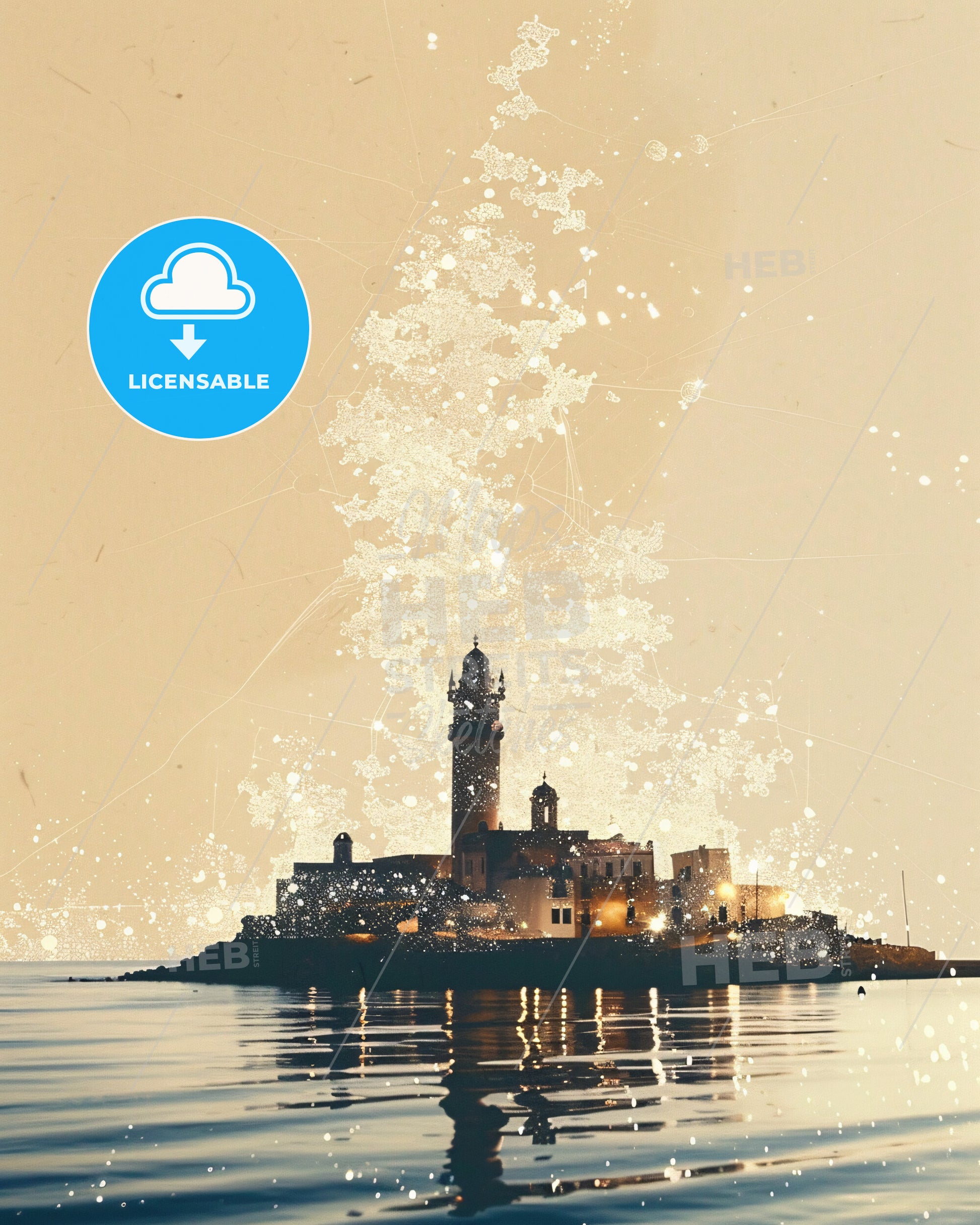 Formentera Skyline Double Exposure Art Poster - A water with a building and a tower