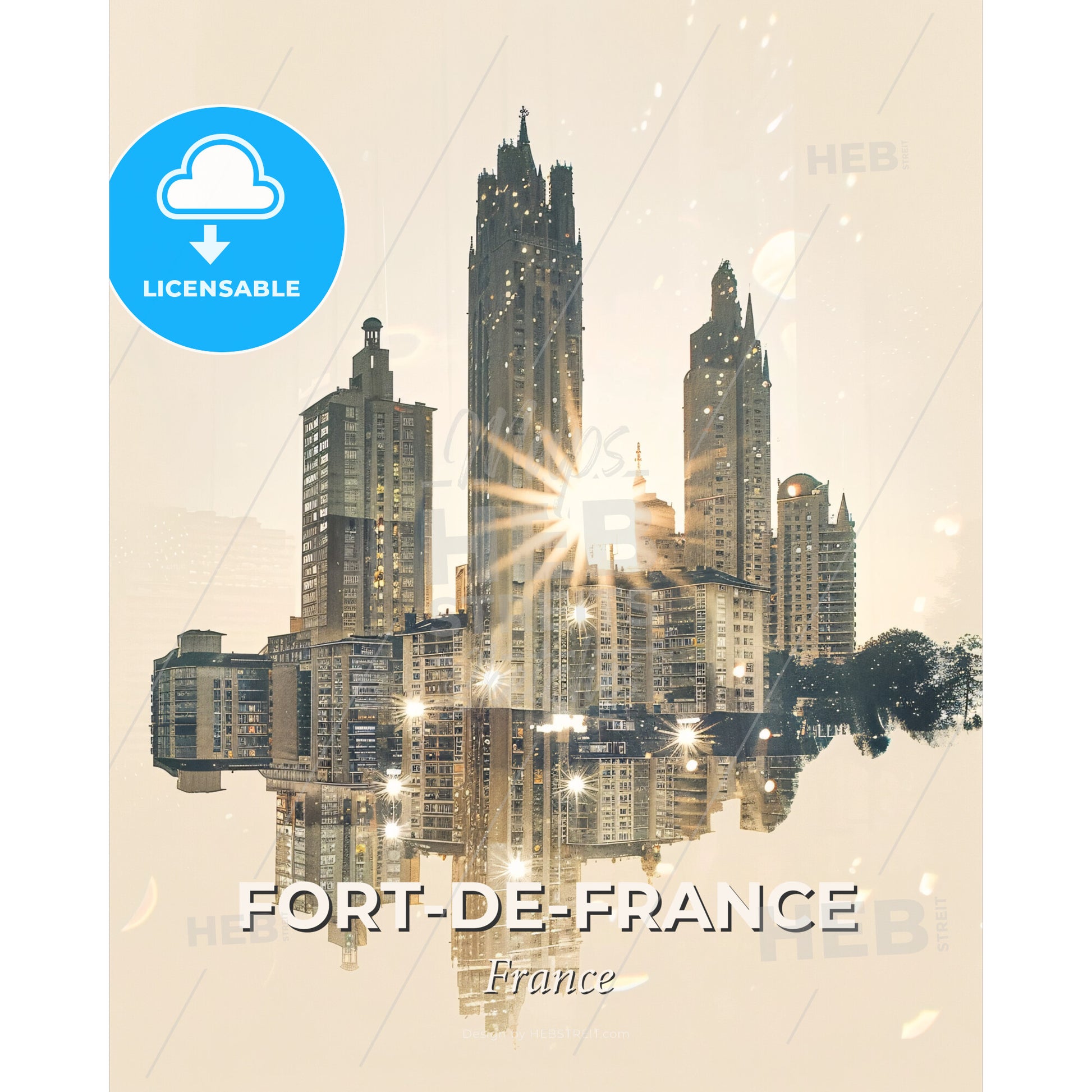 Fort-de-France City Skyline Art Composite Canvas Poster - A city with many tall buildings and a reflection of the sun - Square format print template
