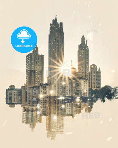 Fort-de-France City Skyline Art Composite Canvas Poster - A city with many tall buildings and a reflection of the sun