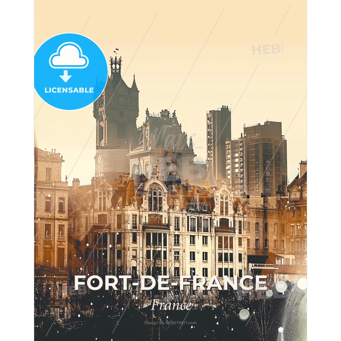 Fort-de-France Skyline Silhouettes On Beige - A city skyline with many buildings - Square format print template