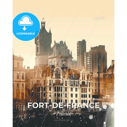 Fort-de-France Skyline Silhouettes On Beige - A city skyline with many buildings - Square format print template