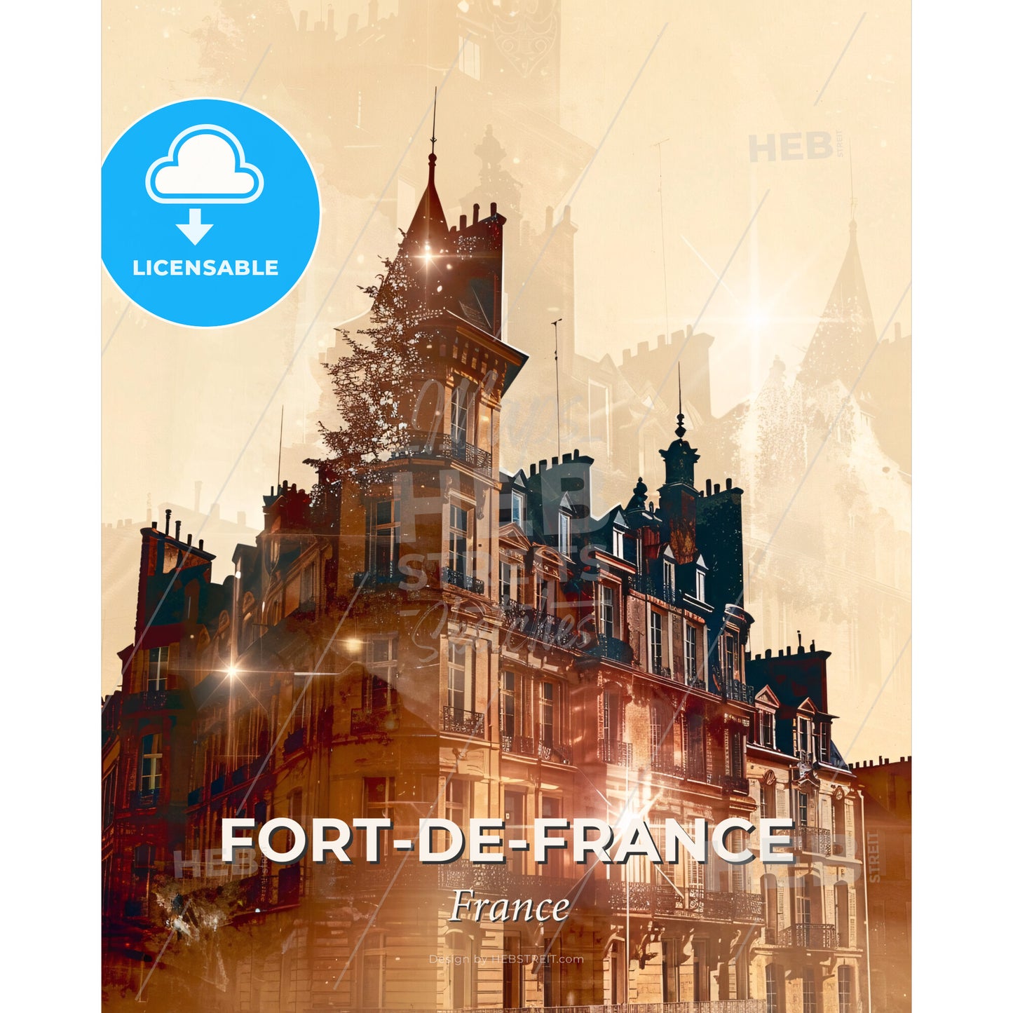 Fort-de-France - Silhouette Skyline Poster Art - A building with a tree in the middle - Square format print template