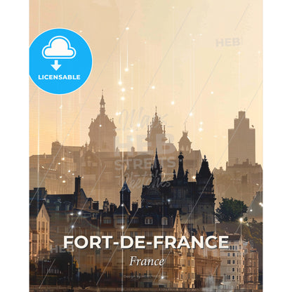 Fort-de-France Skyline Double Exposure Composite Beige Poster - A city skyline with many buildings and stars - Square format print template