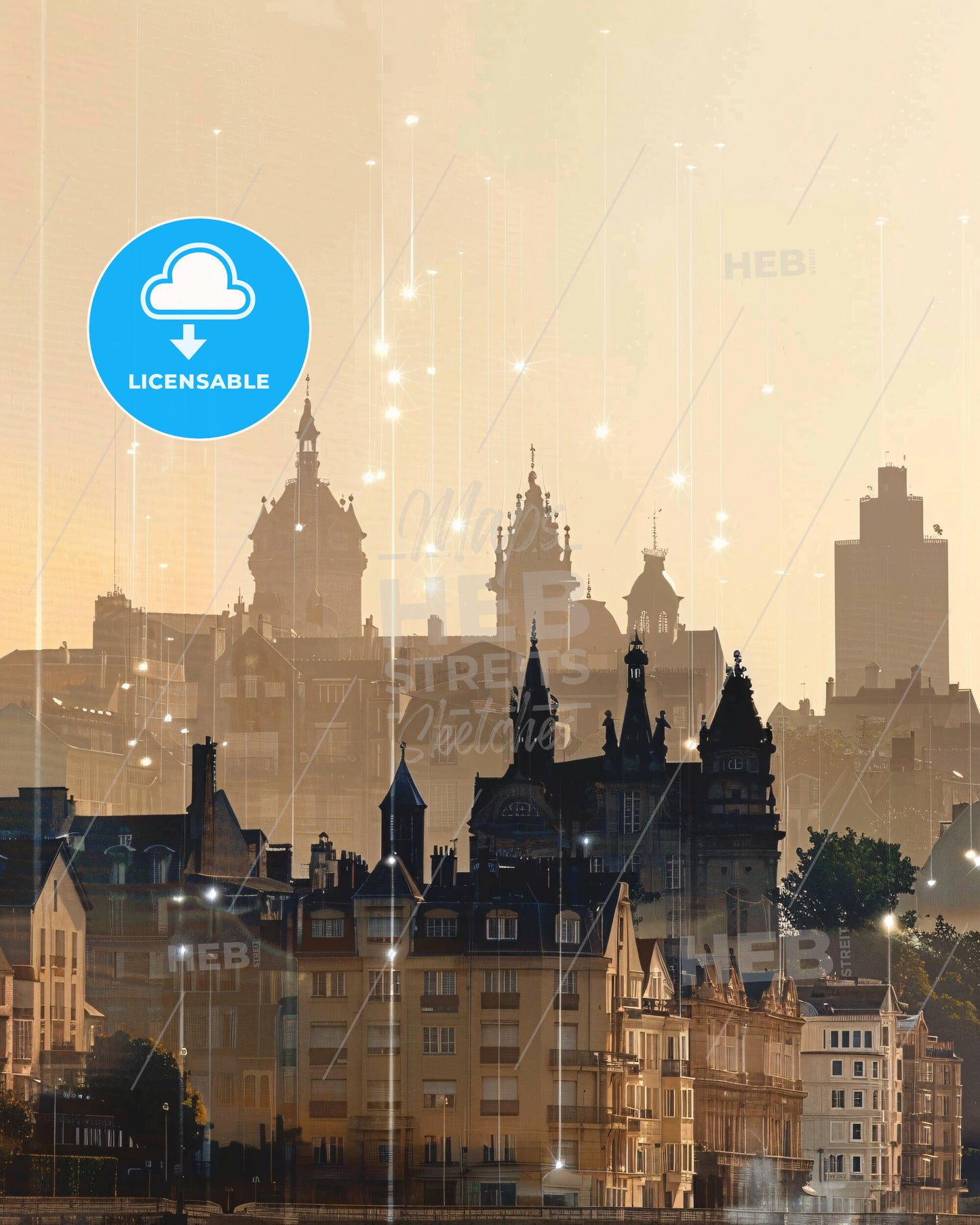 Fort-de-France Skyline Double Exposure Composite Beige Poster - A city skyline with many buildings and stars