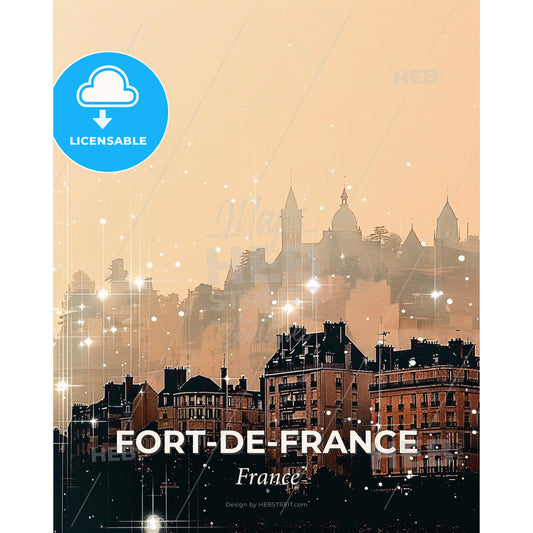 Fort-de-France France Skyline Poster Art - A city skyline with many buildings and stars - Square format print template