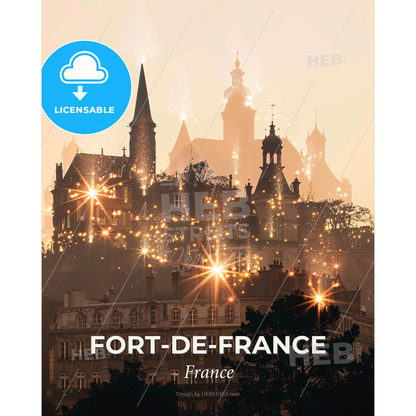 Fort-de-France Skyline Composite Double Exposure - Fireworks over a building - Square format print template