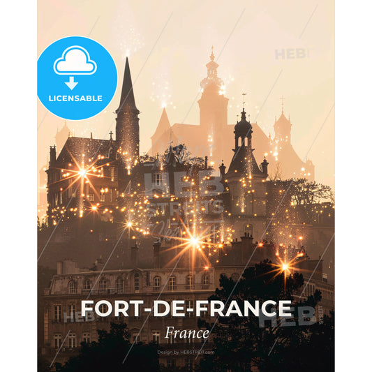 Fort-de-France Skyline Composite Double Exposure - Fireworks over a building - Square format print template