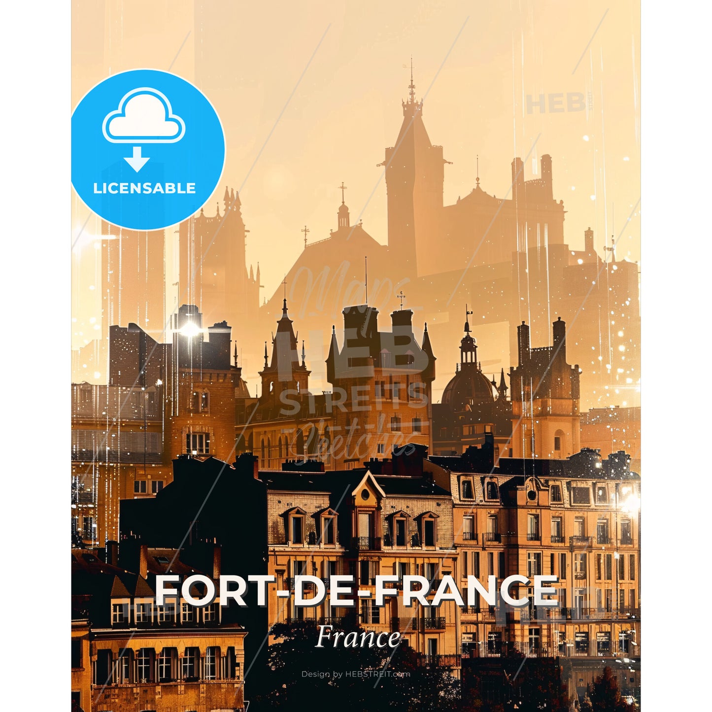 Fort-de-France Skyline Double Exposure Art Print - A city with many buildings - Square format print template