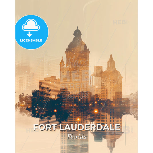 Fort Lauderdale Skyline Double Exposure Art - A city skyline with a reflection of buildings - Square format print template