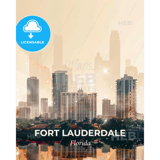 Fort Lauderdale Double Exposure Art Skyline Poster - A city skyline with buildings and trees - Square format print template