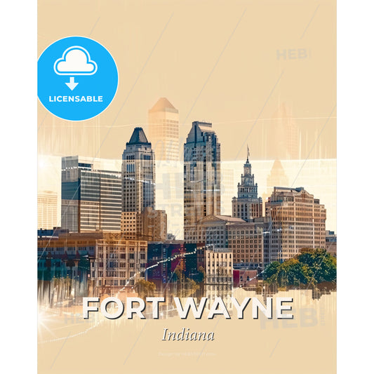 Fort Wayne: Skyline Double Exposure Art Sparkle - A city skyline with many tall buildings - Square format print template