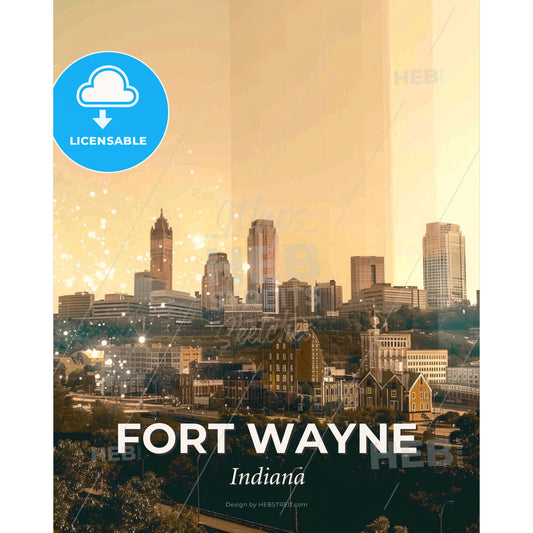 Fort Wayne City Skyline Local Icons Bright Sparkles - A city with many buildings - Square format print template