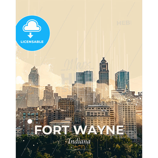 Fort Wayne: Day and Night Cityscape Composite - A city skyline with many tall buildings - Square format print template