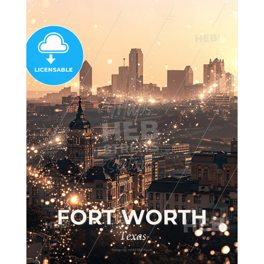 Fort Worth Skyline Panorama Architectural Landmarks - A city with lights in the background - Square format print template