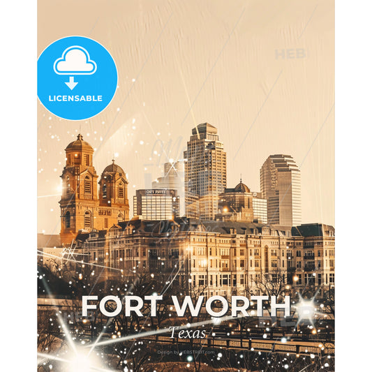 Fort Worth Skyline Cityscape Double Exposure Art - A city skyline with many tall buildings - Square format print template