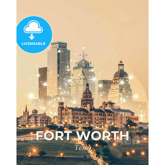 Fort Worth City Skyline Double Exposure Art Poster - A city skyline with many lights - Square format print template