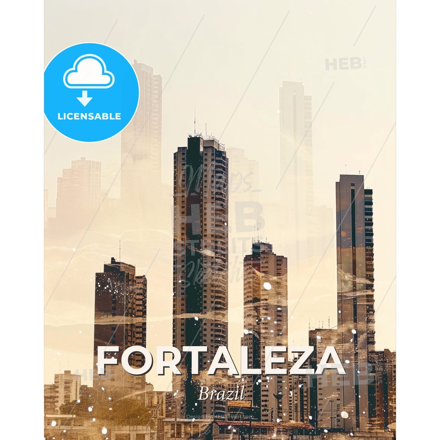 Fortaleza Skyline Cityscape Art Deco Composite Poster - A city skyline with tall buildings - Square format print template