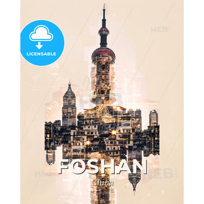 Foshan City Lights Skyline Poster Art - A city skyline with a tower - Square format print template