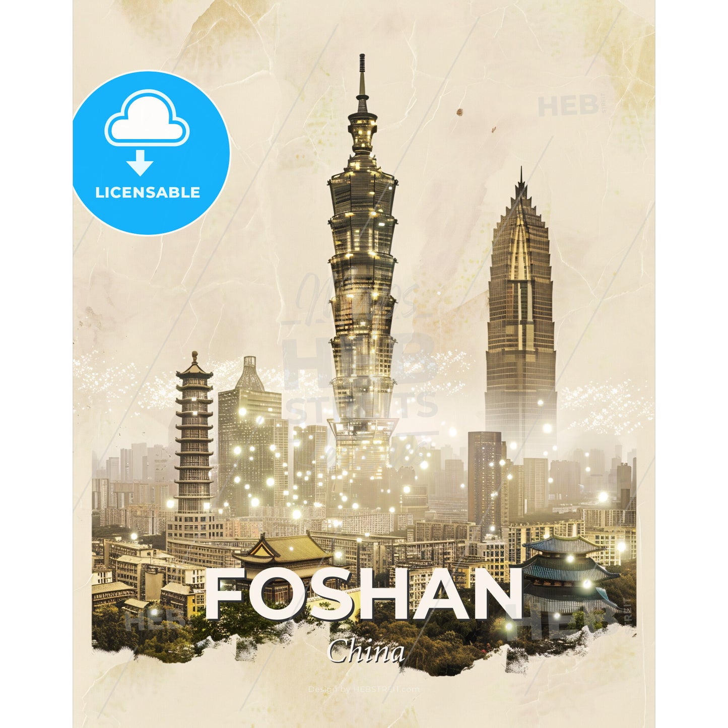 Foshan Cityscape Double Exposure Poster Art - A city with many tall buildings - Square format print template