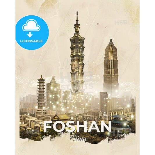Foshan Cityscape Double Exposure Poster Art - A city with many tall buildings - Square format print template