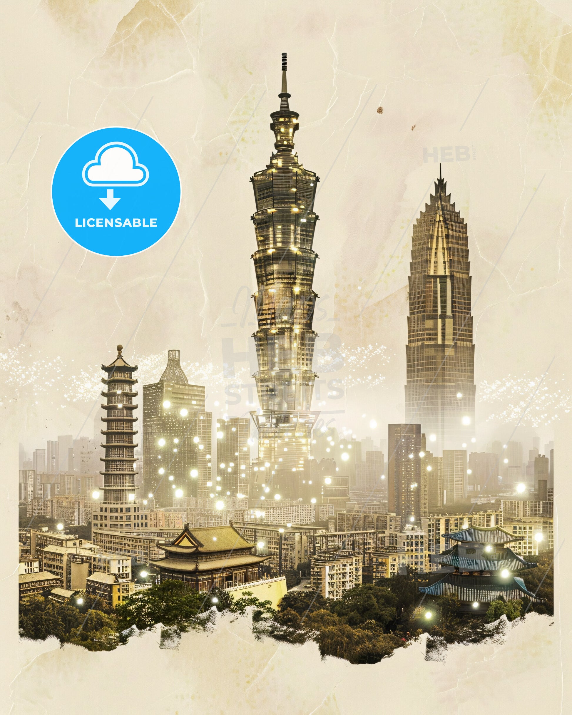 Foshan Cityscape Double Exposure Poster Art - A city with many tall buildings