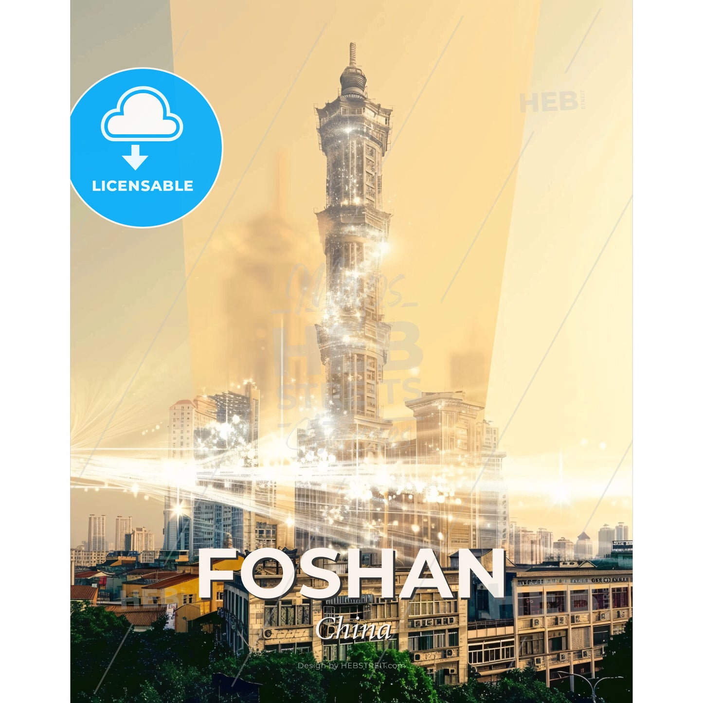 Foshan Cityscape Skyline Double Exposure Poster - A tall building with many lights - Square format print template